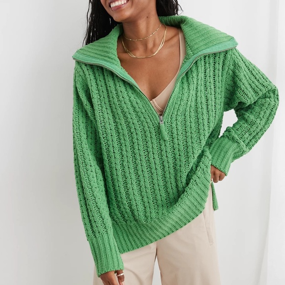 aerie Sweaters - Aerie Cable Car Quarter Zip Sweater in Green Knit XS